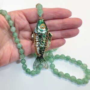 Vintage Jade Fish Necklace: Chinese Export, Cloisonné, Articulated Pendant, Big